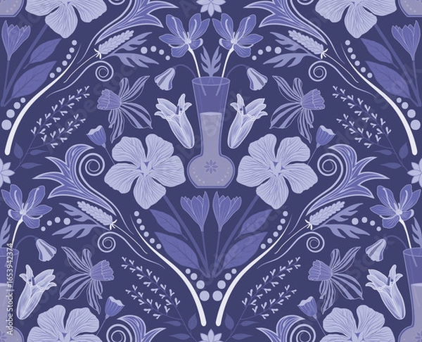 Fototapeta Raster illustration. Monochrome damask seamless repeat pattern with very peri color. Best for wallpaper and home decor.