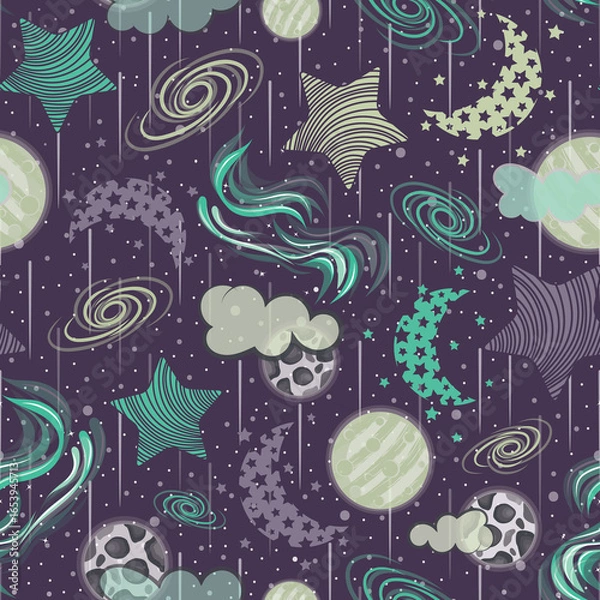 Fototapeta Raster illustration. Reaching to the skies. Glowing stars and Northern lights with moon, mars clouds and  milky way seamless repeat pattern. Perfect for your dreamy bedding and home decor.