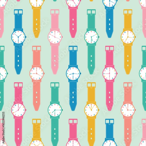 Fototapeta Raster illustration. Colorful wrist watches with different timing seamless repeat pattern on mint green background.