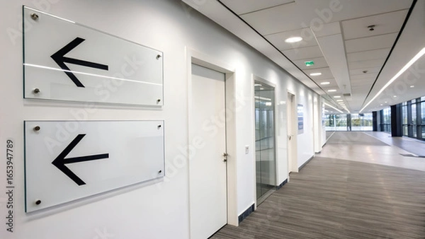 Obraz Modern office corridor with directional arrow signage and contemporary interior design elements