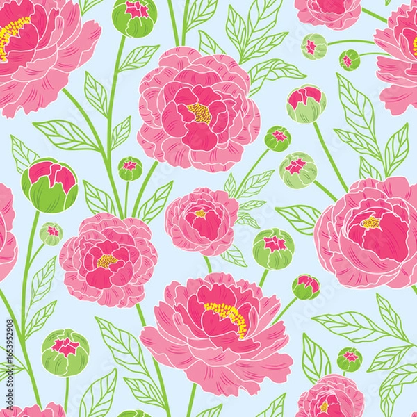 Fototapeta Raster illustration. Pink peonies with outlined leaves on sky blue background. seamless repeat pattern. Best for packaging, home decor and bedding.