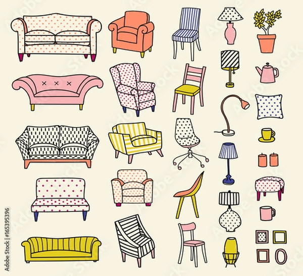Obraz Vector set of the furniture of living room. Hand-drawn style