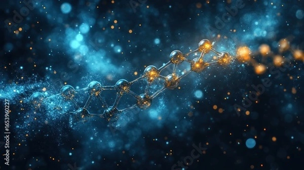 Fototapeta A complex, metallic molecular structure, swirling in a deep blue nebula, is highlighted with golden accents.