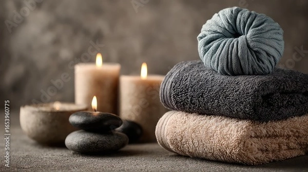 Fototapeta A stack of towels, candles, and stones create a relaxing spa atmosphere