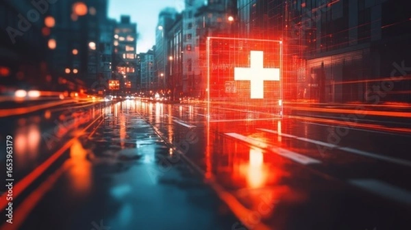 Fototapeta A vibrant city street scene at night, highlighted by a glowing emergency symbol, showcasing a dynamic and futuristic ambiance.