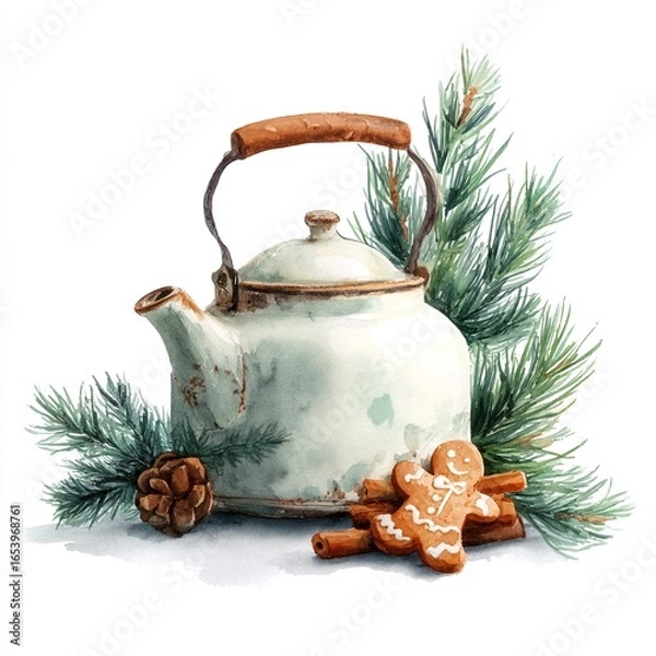 Fototapeta christmas tea pot with spices, New Year's background, tea party