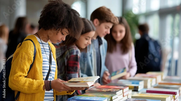 Fototapeta Students explore a variety of books at a lively book fair. Bright indoor location filled with natural light encouraging reading and learning. Concept of literacy, education, community engagement