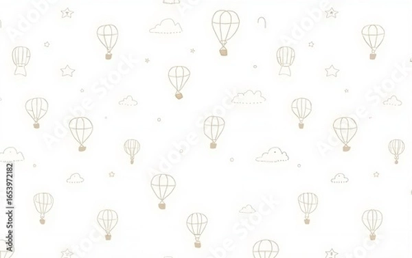 Fototapeta Seamless vector Pattern with hand drawn hot air Balloons, clouds, and stars in linear style. Outline drawing of Background with floating Aerostats and garland for nursery wallpaper or childish textile