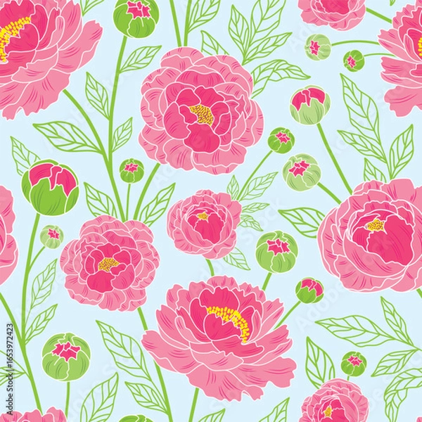Fototapeta Vector illustration. Pink peonies with outlined leaves on sky blue background. seamless repeat pattern. Best for packaging, home decor and bedding.
