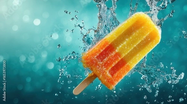 Fototapeta Close-Up of Colorful Orange Yellow Popsicle with Frosty Texture – Splashing Water Droplets on Bright Turquoise Background