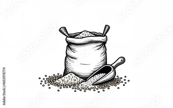 Fototapeta Sack of Flour with Scoop and Spikelets vector illustration. Linear drawing of burlap bag whole of cereal grain. Ingredient for pastry and bakery. Outline monochrome sketch for product label.