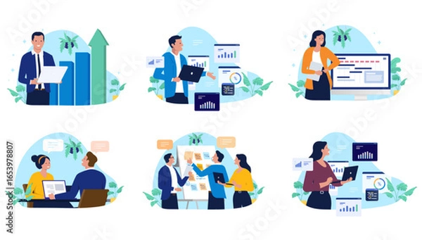 Fototapeta Collection of business and office illustrations showcasing professional people working on laptops, analysing data, collaborating, and brainstorming ideas in a corporate environment, flat design style