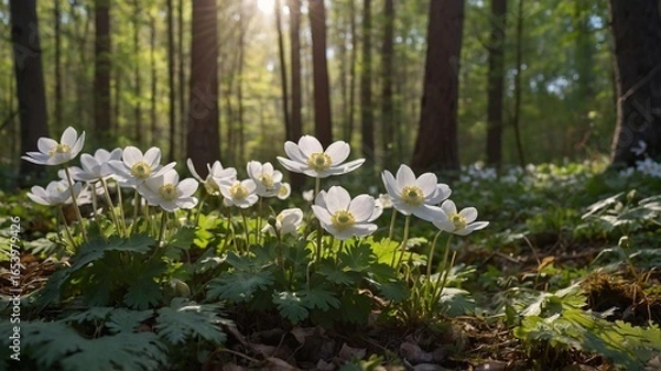 Fototapeta A serene cluster of white flowers blooms gracefully in a sunlit forest, surrounded by lush greenery.