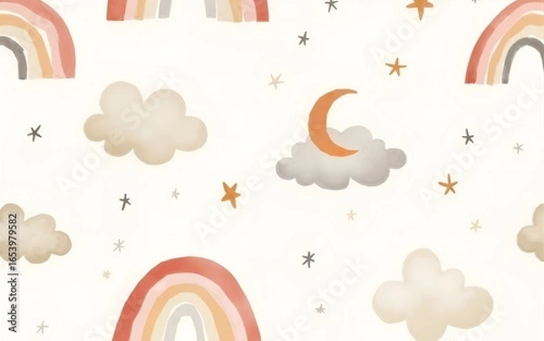 Fototapeta Seamless watercolor pattern with clouds, rainbows, stars and crescent moons in pastel tones pink and beige colors. Illustration of background for nursery wall art, wallpaper or baby textile designs.