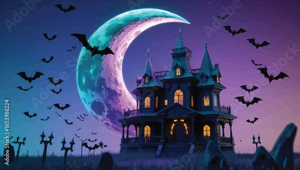 Fototapeta Halloween Spooky Castle: Eerie Moonlight Scene with Bats and Graveyard