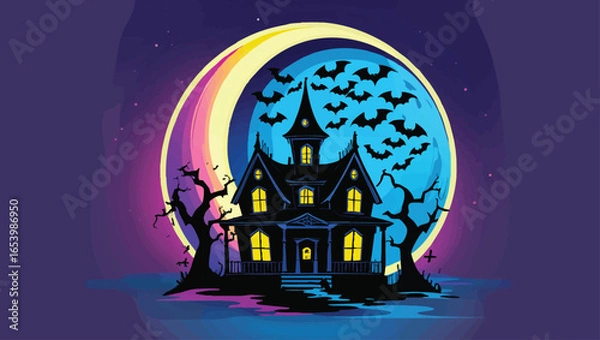 Fototapeta Halloween Spooky Castle: Eerie Moonlight Scene with Bats and Graveyard