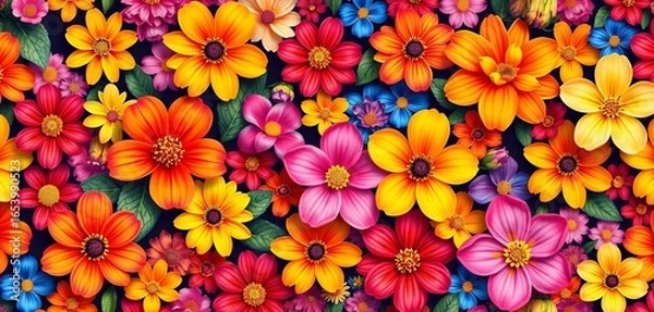 Fototapeta Horizontal seamless vector pattern of vibrant colorful flowers , floral, blossom