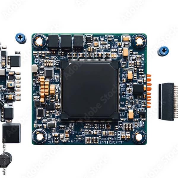 Fototapeta Close up of a complex electronic circuit board with a large black chip and various components isolated on transparent background