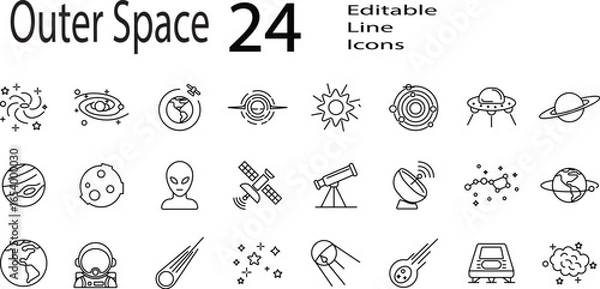 Fototapeta Outer Space Icon Set. Thin Line Editable Stroke Icons of Astrophysics, Planets, Rockets, Astronauts, Solar System, Satellites, Galaxies, and Space Exploration