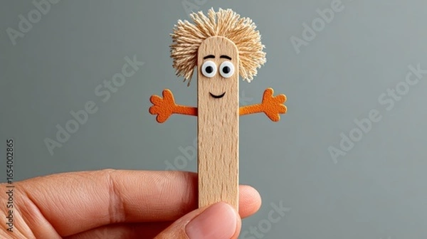 Fototapeta Wooden stick with a face on it is being held by a person. The stick has a smile and two eyes, and it is a puppet