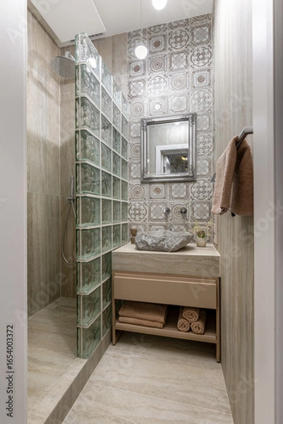 Fototapeta Small Rustic Bathroom with Stone Sink and Glass Block Shower