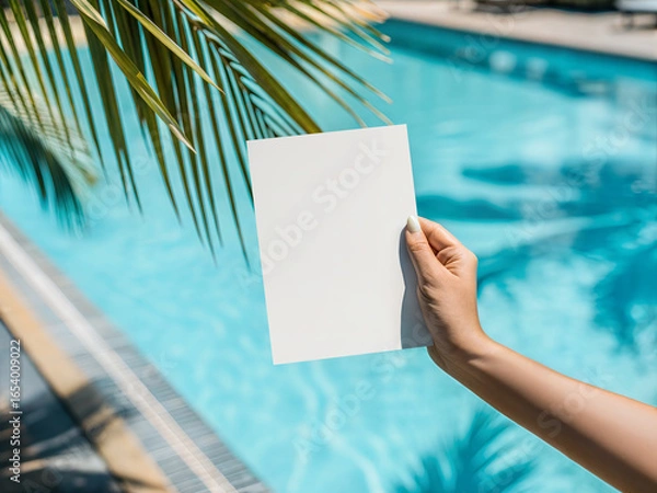 Fototapeta Woman holding blank card by the pool with palm shadow