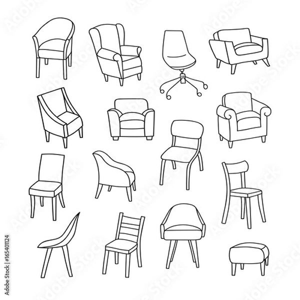 Obraz Vector illustration with different kinds of chairs. Hand drawn style