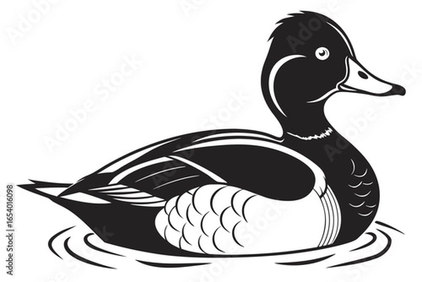 Fototapeta Illustration of a ring neck duck swimming in water isolated on white background