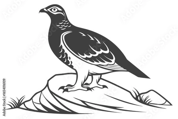 Fototapeta Rock ptarmigan bird standing on a rock isolated on white background