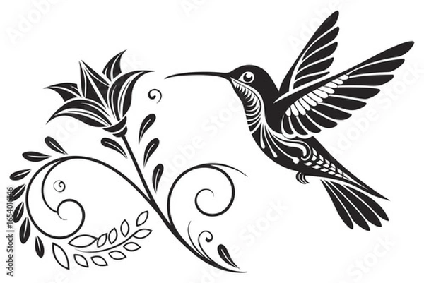 Fototapeta Hummingbird flying near a flower isolated on white background