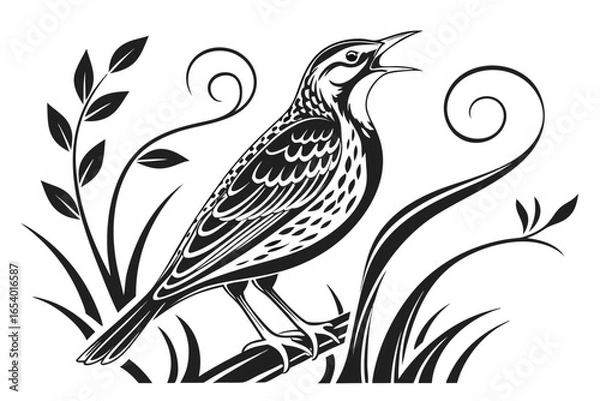Fototapeta Illustration of a meadowlark singing isolated on white background, side view