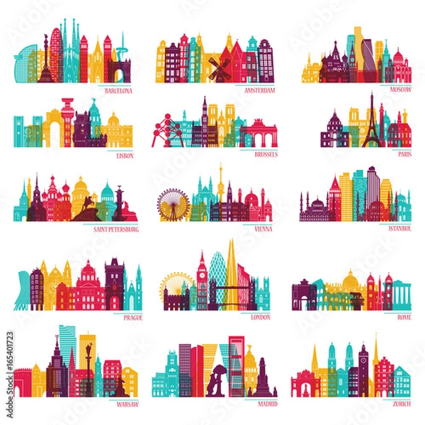 Obraz Zestaw szczegółowych sylwetek Skyline (Barcelona, ​​Madryt, Rzym, Londyn, Wiedeń, Praga, Bruksela, Istambuł, Lizbona, Moskwa, Warszawa, Amsterdam, Zurych). Tło podróży i turystyki. Ilustracji wektorowych