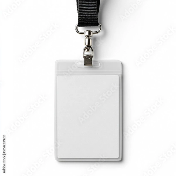 Fototapeta An empty rectangular ID card with a metal clip sits against a stark black background