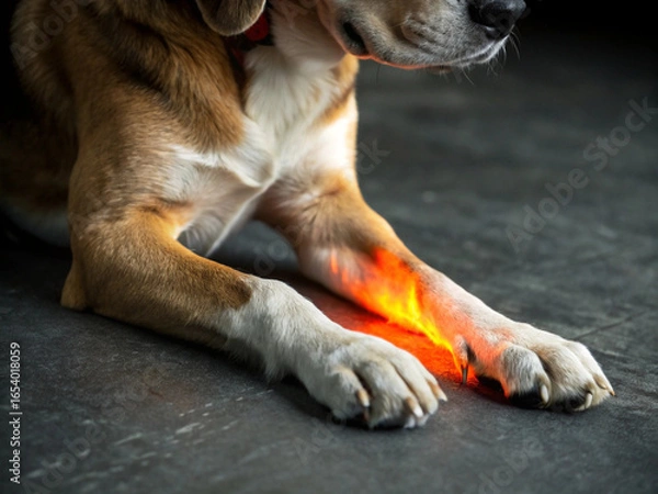 Fototapeta Close-up of a dog's painful-looking paws, illuminated with an orange glow