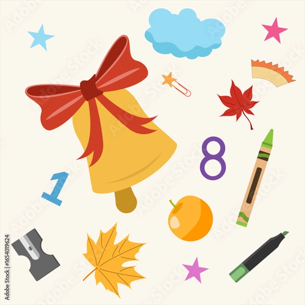 Fototapeta School set with bell, bow, numbers, pencil, crayon, marker, sharpener, protractor, paperclip, stars. For posters, classroom materials, worksheets and web banners.