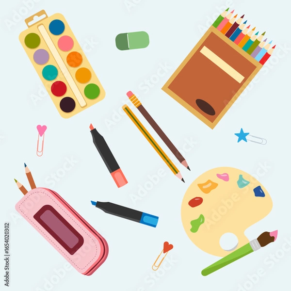 Fototapeta School stationery set with watercolor palette, pencils, markers, notebook, eraser and pencil case. For posters, classroom materials, worksheets and web banners.