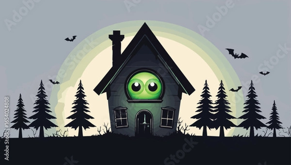 Fototapeta Surreal Forest Cabin: Glowing Eye Window in a Mysterious Woods