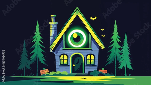 Fototapeta Surreal Forest Cabin: Glowing Eye Window in a Mysterious Woods