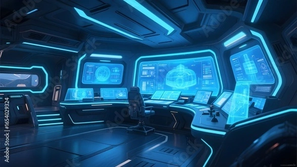 Fototapeta Futuristic Control Room with Advanced Holographic Displays and Ergonomic Workstations