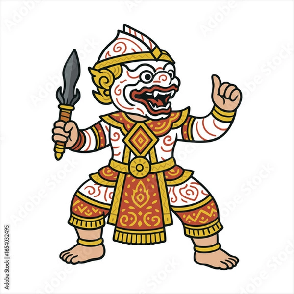 Fototapeta Colorful vector of a traditional Thai Khon monkey warrior (Hanuman) in ornate Ramakien costume, holding a dagger in a dynamic pose