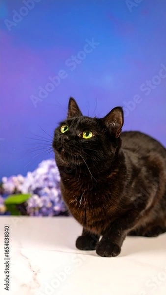 Obraz Black cat looking up at purple background