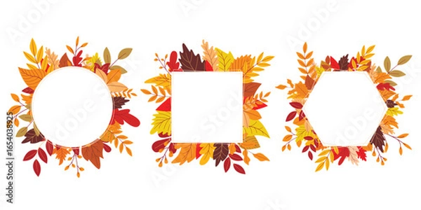 Obraz  Round, square and polygonal frames with fall leaves border. Autumn foliage frame set. Blank shape for seasonal card, invitation, design, vector graphic