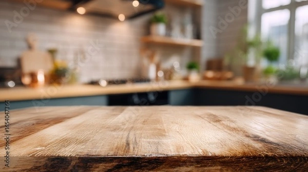Fototapeta High definition photo of wood table top is positioned somewhat obscuring part of a blurred kitchen background with surrounding countertop visible._00002_.