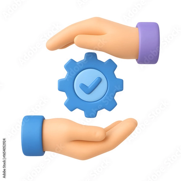 Obraz 3D support icon, two hands protecting blue gear with check mark symbol, isolated on transparent background