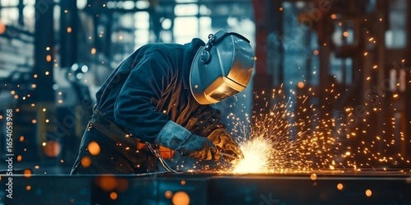 Obraz Skilled welder in protective gear creating sparks with intense focus in a manufacturing plant