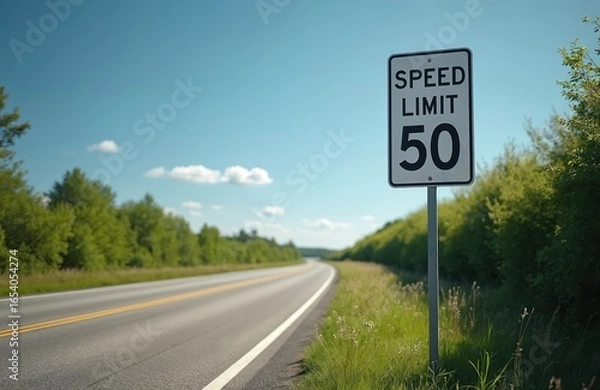 Fototapeta American highway with clear blue sky, fluffy clouds. White speed limit 50 mph sign stands tall beside grassy verge, dense line of green trees. Road stretches into distance with yellow, white lane