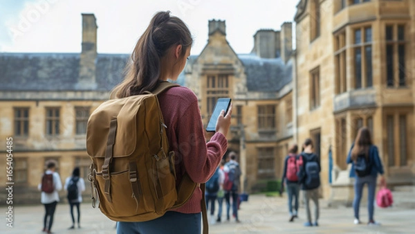 Fototapeta Girl student with a backpack looking at her smartphone in university college or high school, digital education technology and tools, social networks concept