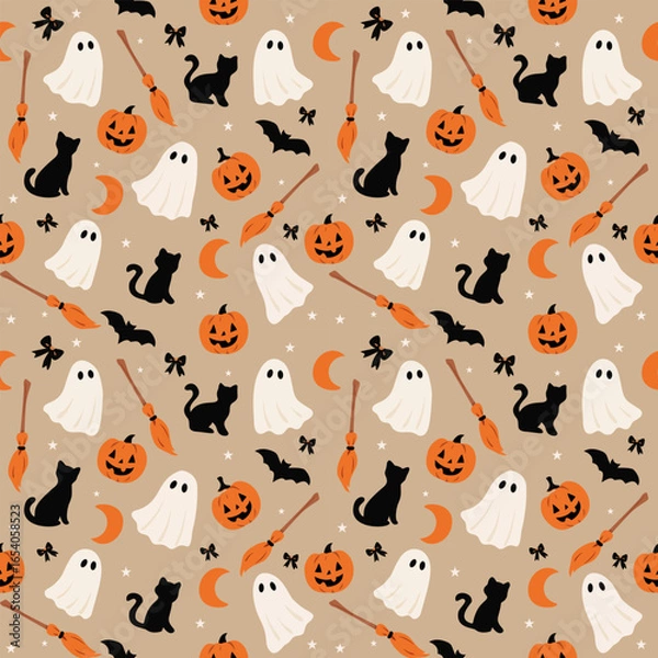Obraz Cartoon pattern, Halloween theme, little ghost, black cat, carved pumpkin, witch broom, black bat, is a pattern that gives a fun Halloween atmosphere. Suitable for use as a fabric pattern