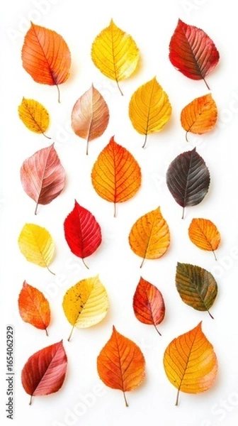 Fototapeta Collection of vibrant autumn leaves, isolated on white background. Autumn season concept.