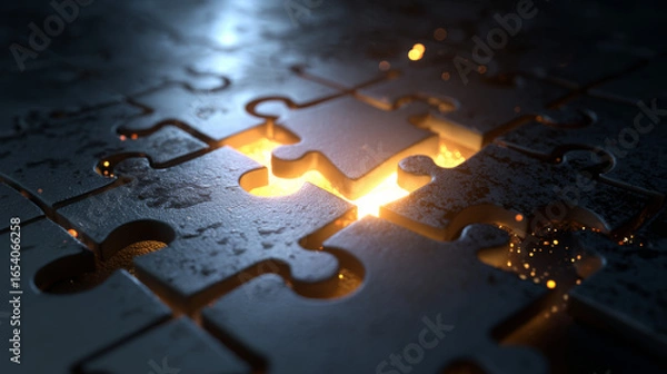 Obraz puzzle pieces coming together with glowing light, problem solving concept